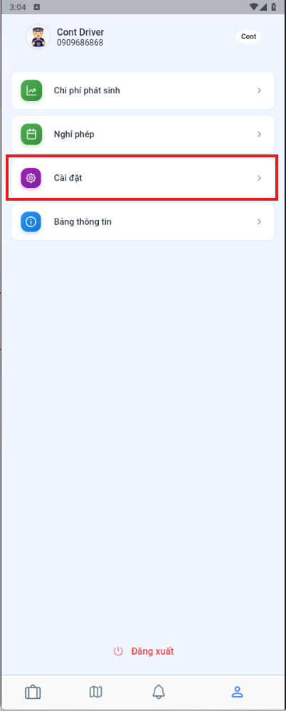 Màn hình cài đặt tài khoản