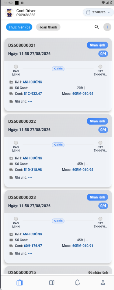 Màn hình chính với các lệnh điều động trong ngày