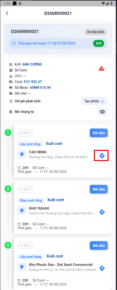 Nút Chỉ đường trong chi tiết công việc