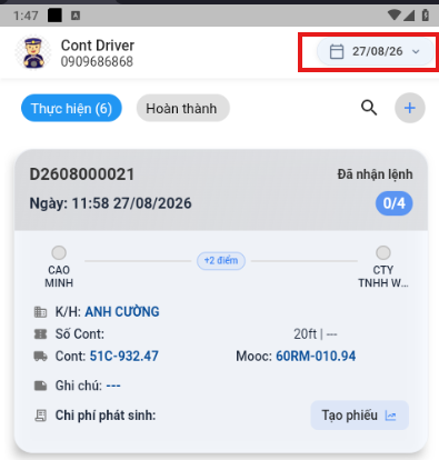 Opening the dispatch order history picker