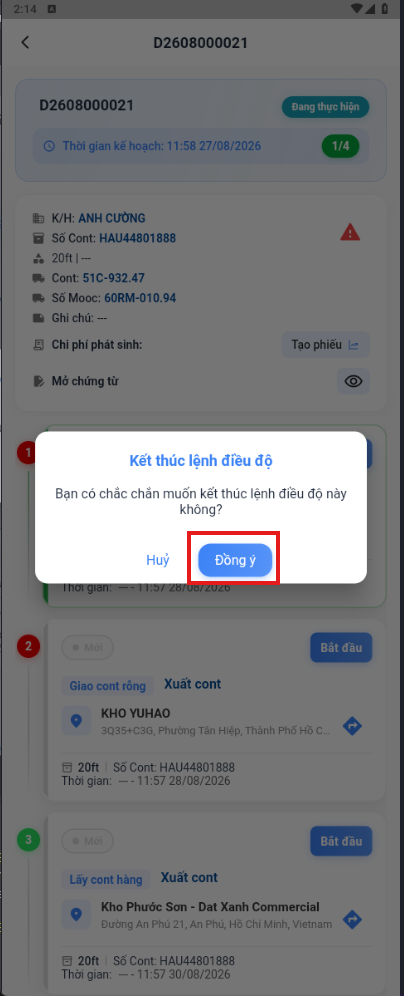 Xác nhận gửi báo cáo sự cố