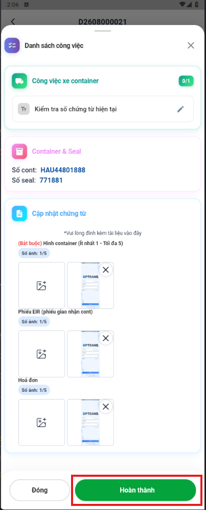 Nút Hoàn thành công việc