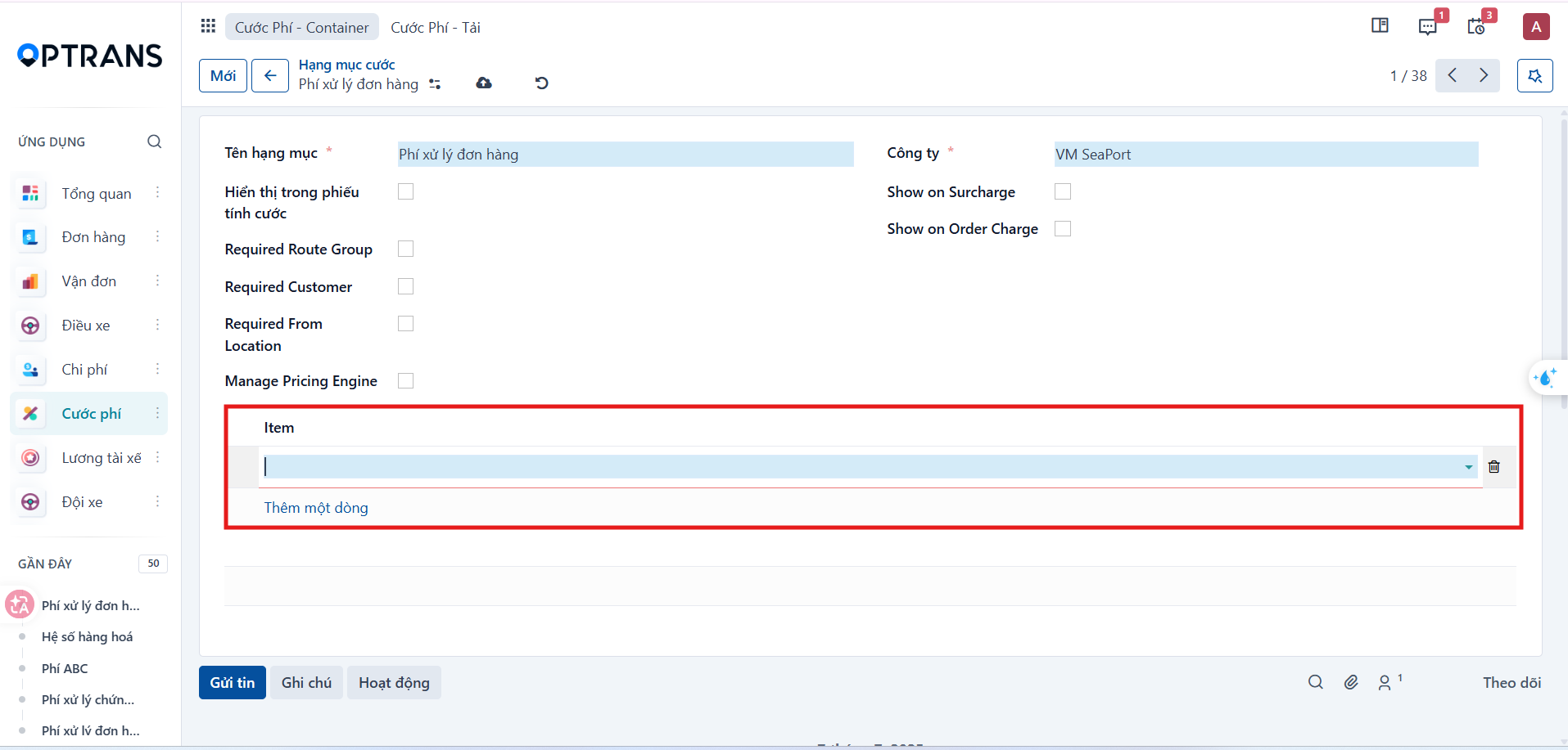 Item area and the Add a line button for declaring charge components