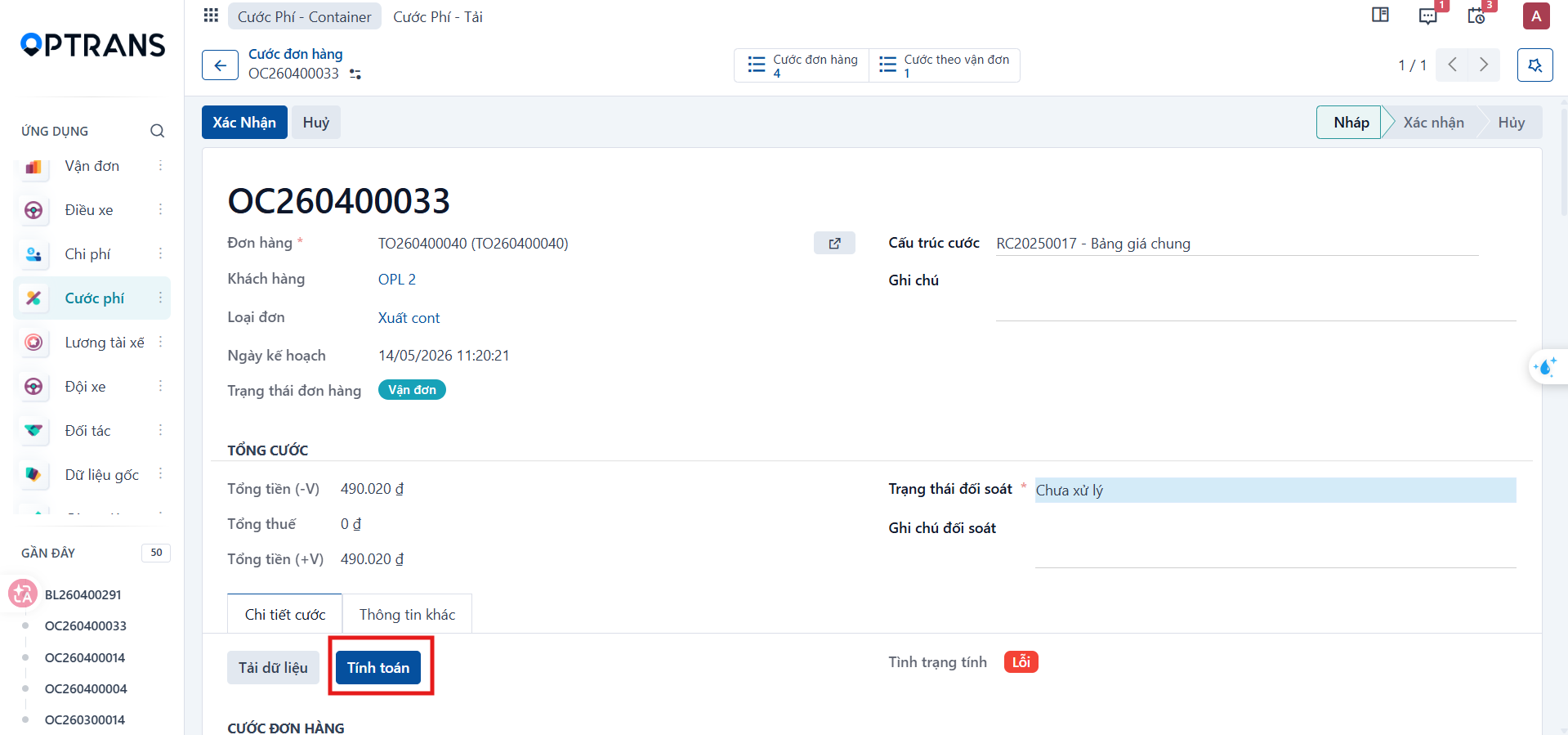 Calculate button on the order charge sheet