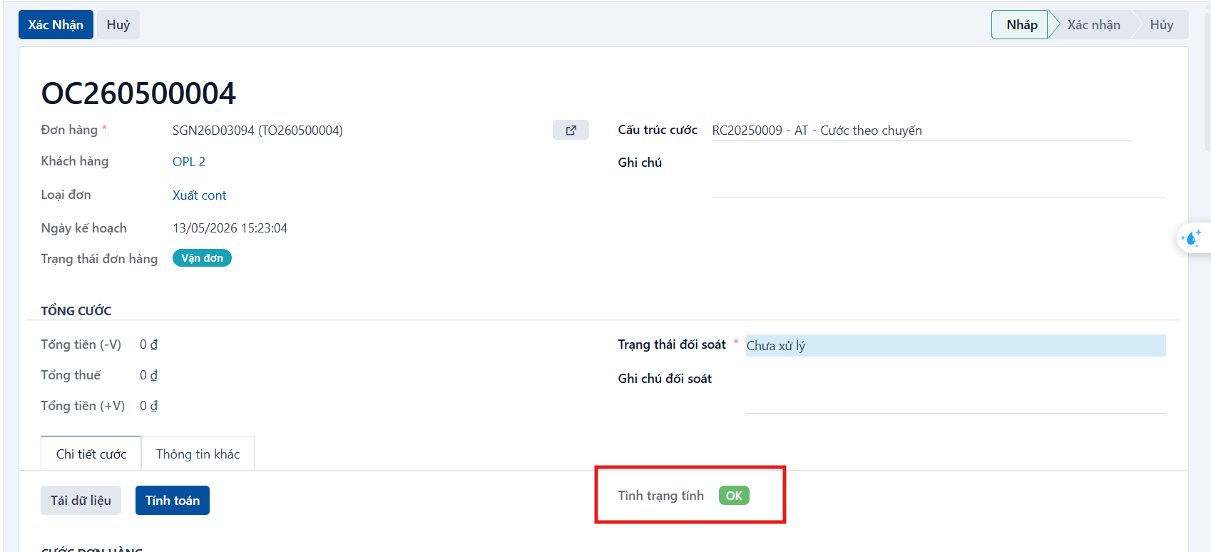 Successful order charge calculation result