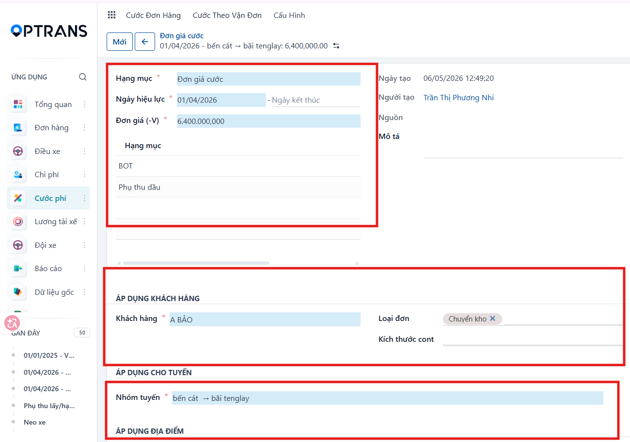 Freight rate form with the customer, order type and route group filled in