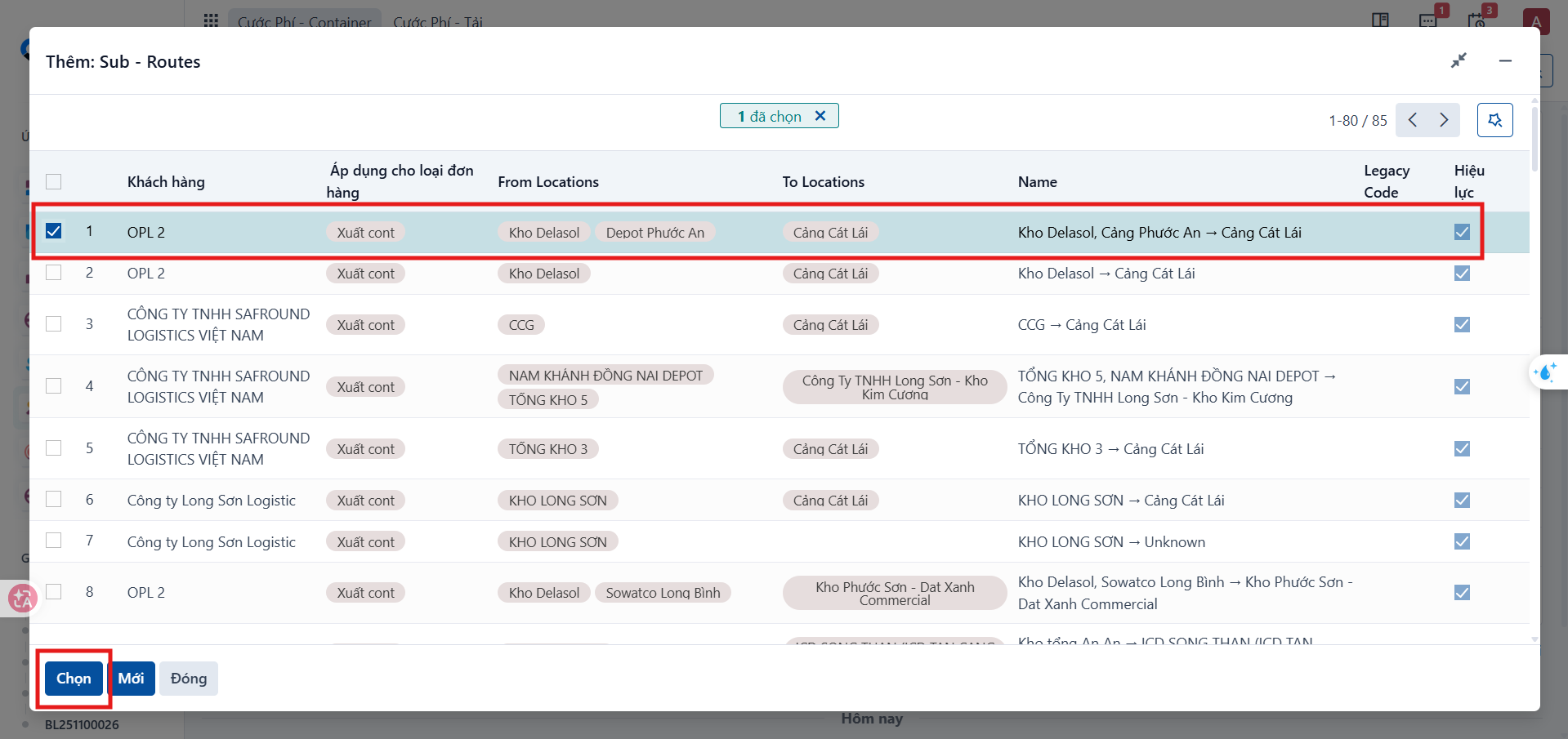 Sub-Routes list for selecting a matching sub-route