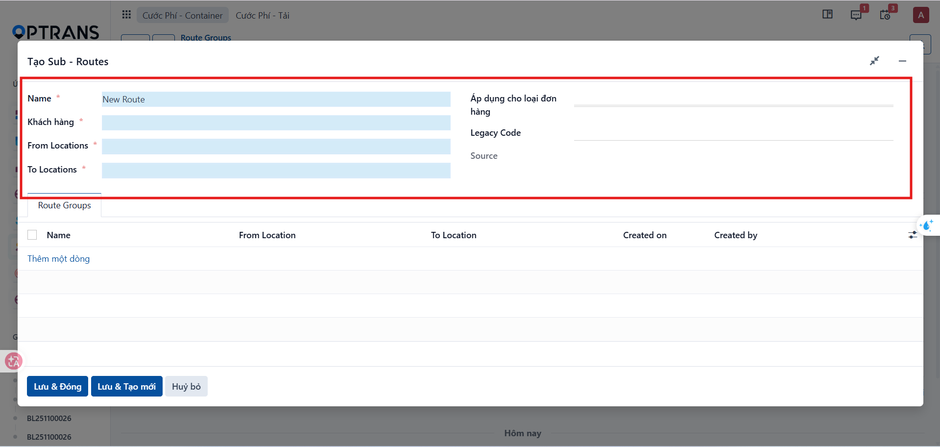 Sub-Route creation form with the customer, order type and route points