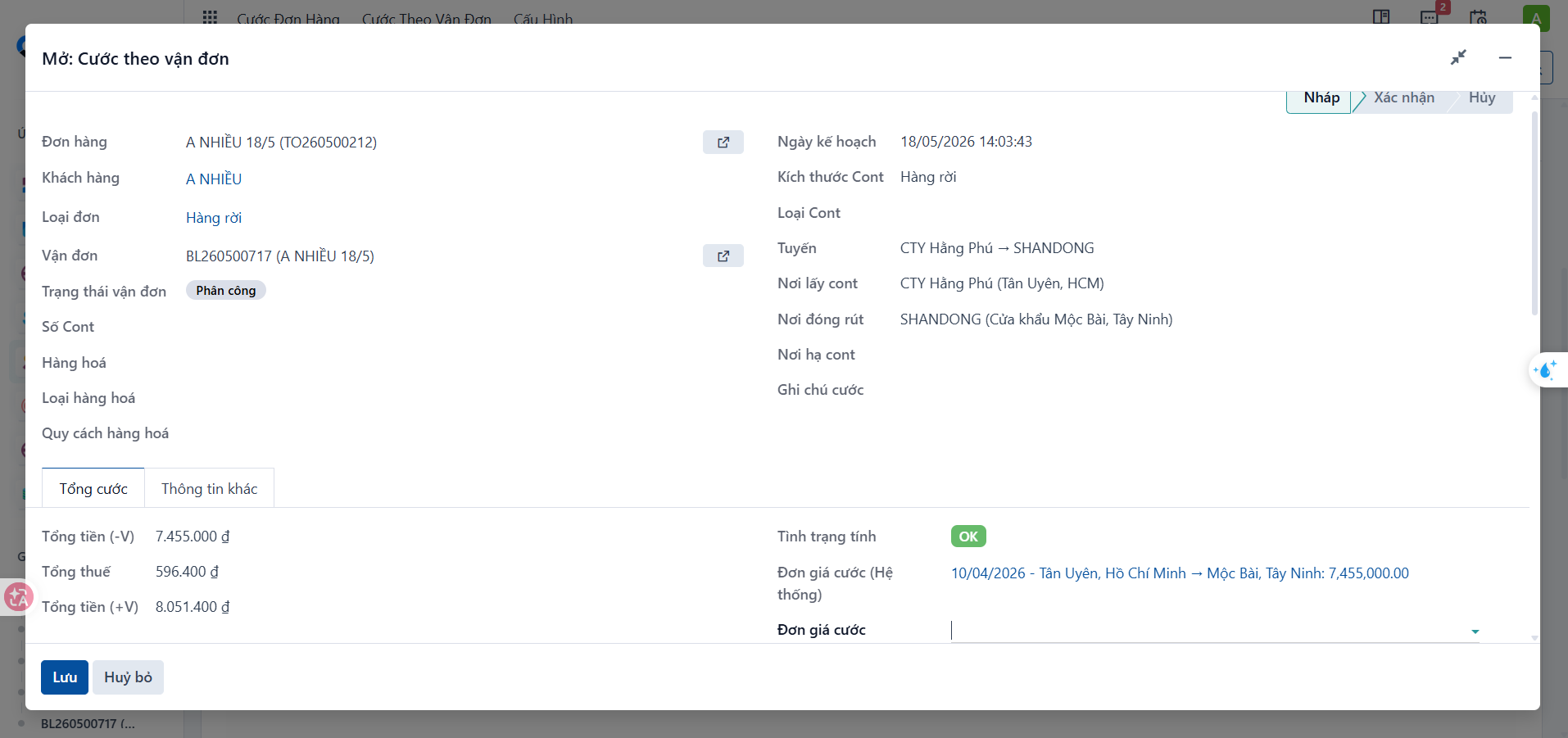 Waybill charge details opened from the order