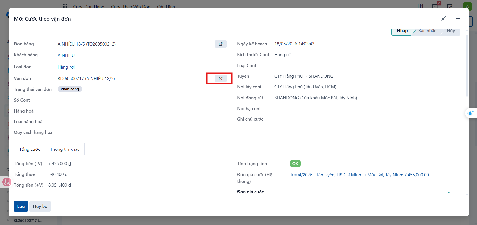 Opening the related waybill from the waybill charge popup