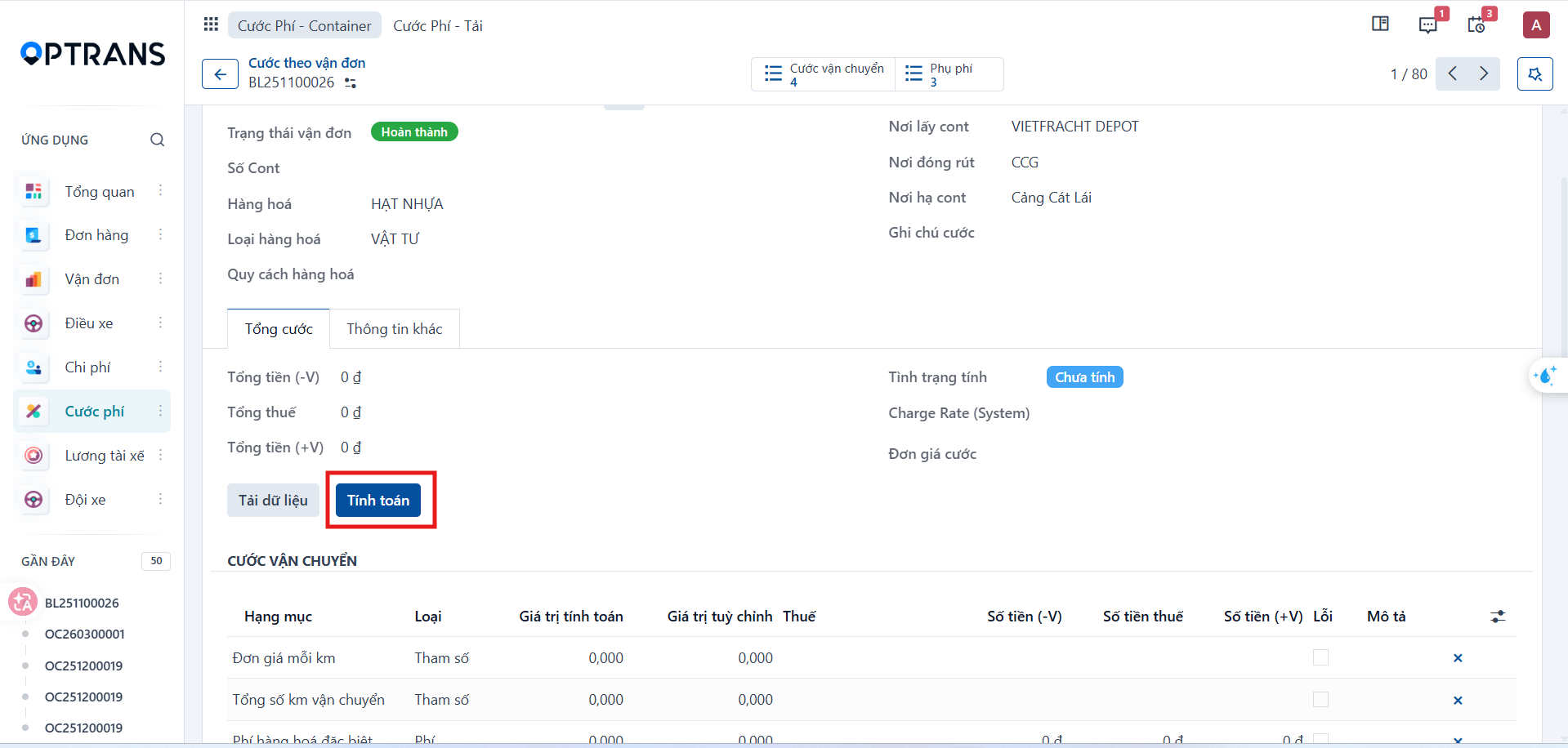 Calculate button for waybill charges