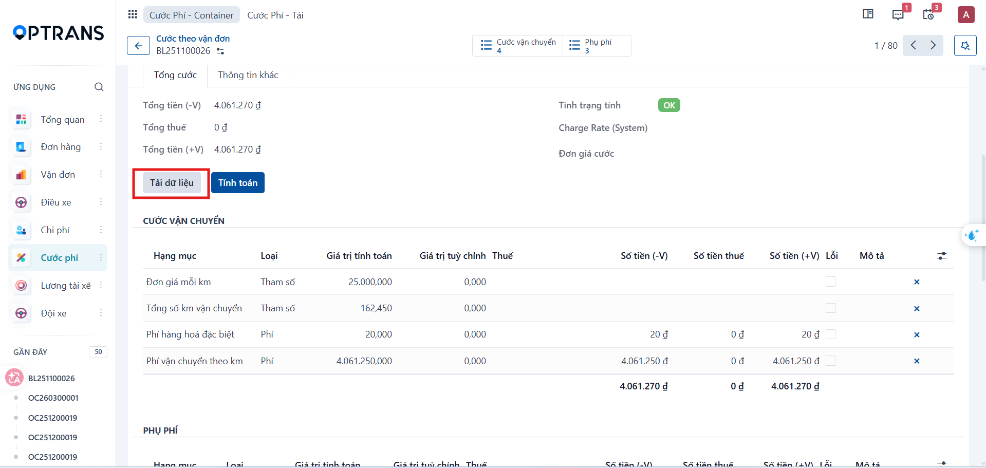 Load data button on waybill charges
